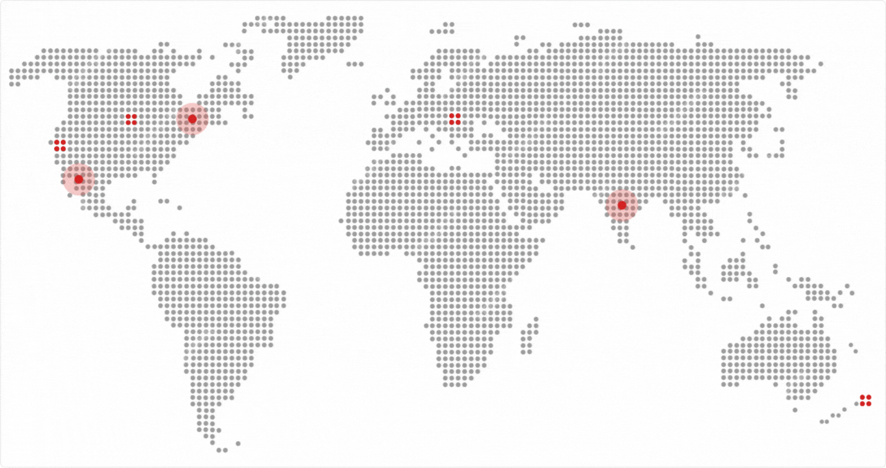 World map marking Shoppinpal offices in the USA, Canada and India