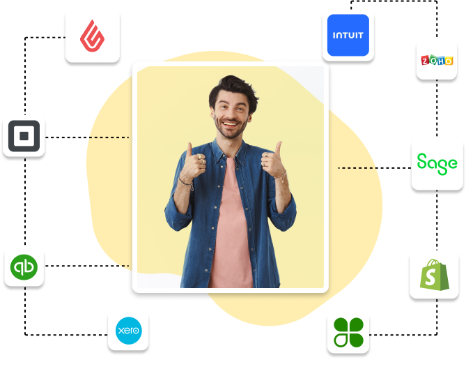 A happy business owner surrounded by the POS, accounting and ecommerce apps Shoppinpal connects