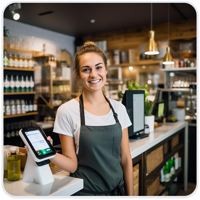 A merchant taking payment on a countertop POS